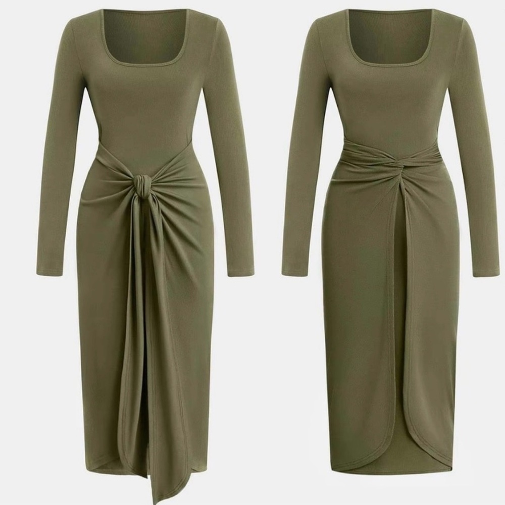 Knot-Front Olive Midi Dress with Long Sleeves